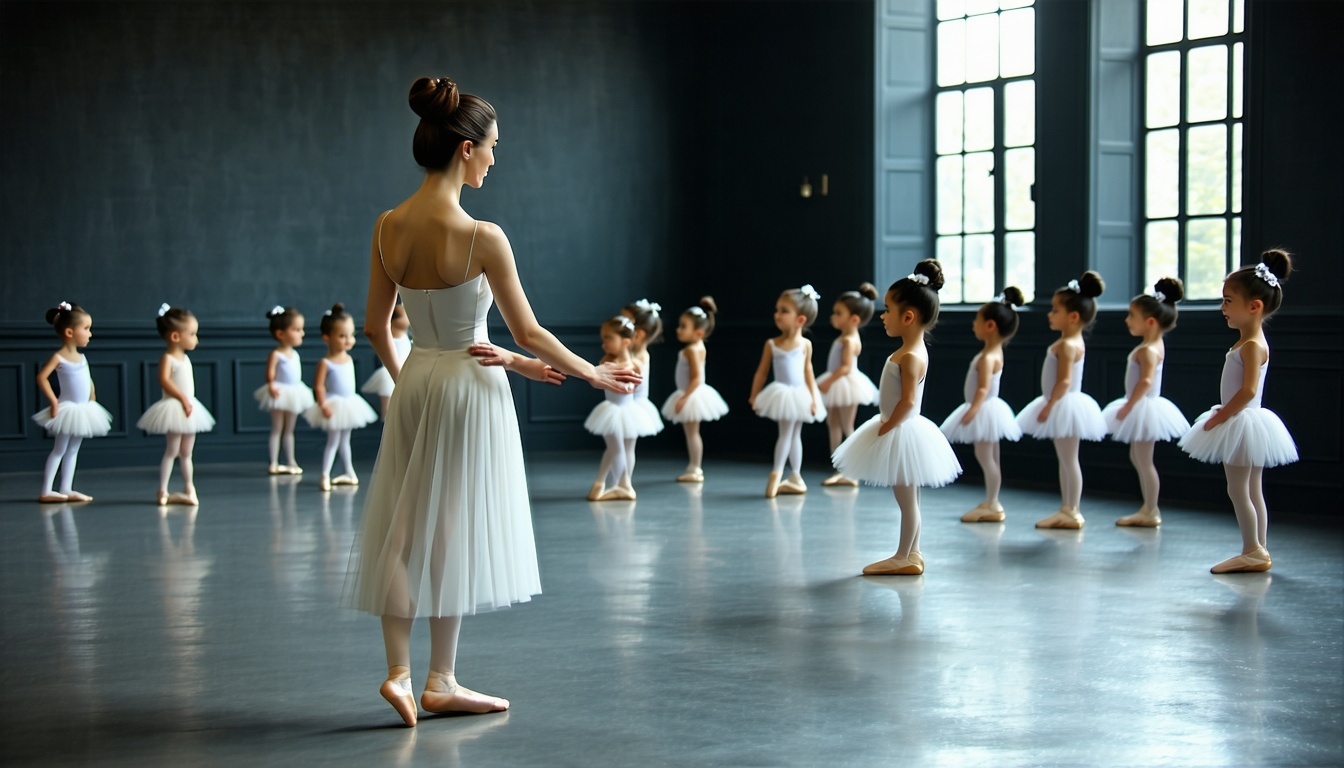 Aula de ballet infantil com professora orientando crianças no Studio Jacy Brasileiro