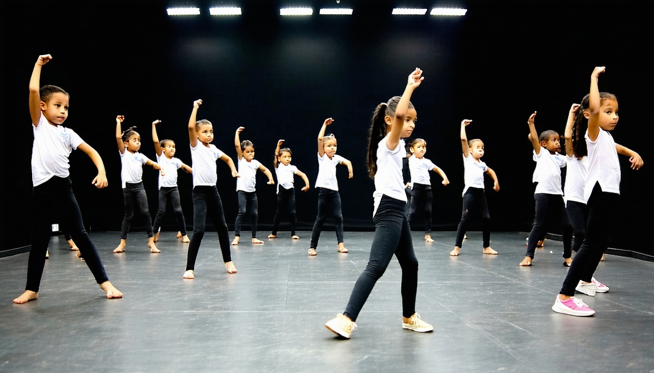 Turma de jazz para jovens praticando coreografia no Studio Jacy Brasileiro